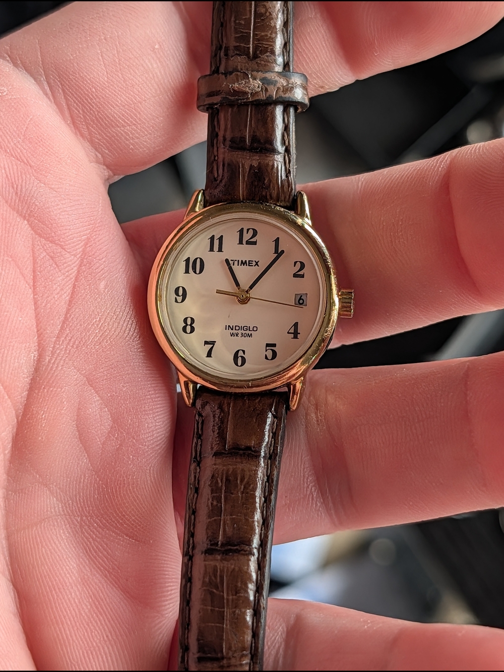 Timex Ladies Gold Tone Round Watch with Brown Leather Strap